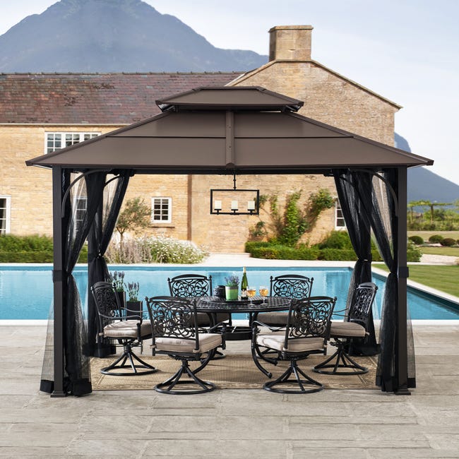 Tonnelle acier 3x3,6m toit rigide moustiquaire